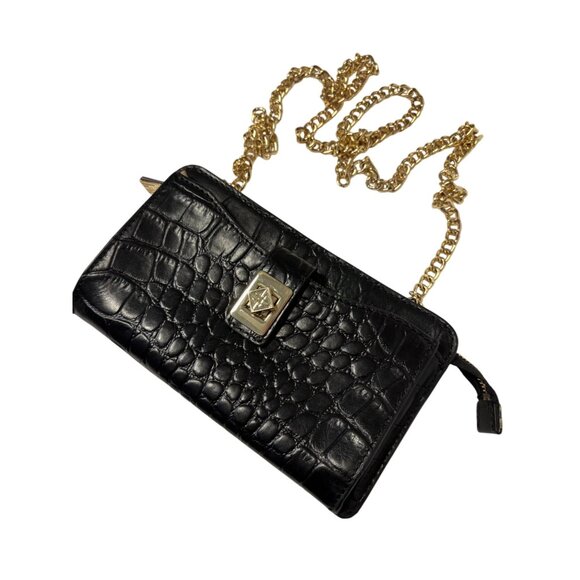 ANTONIO MELANI Black Croc Embossed Leather Wallet On Chain With Gold Hardware - Picture 1 of 8